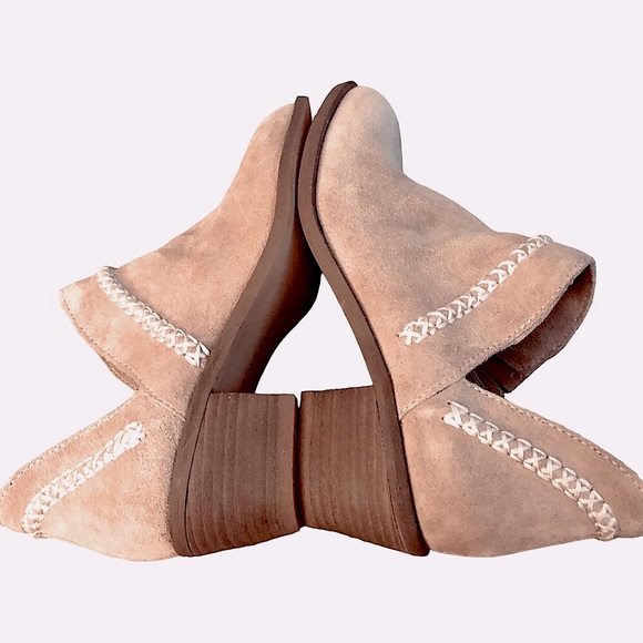 Sole Society Suede Bootie Stacked Heel Braided Trim Slip on Boho Valentine - Picture 6 of 8